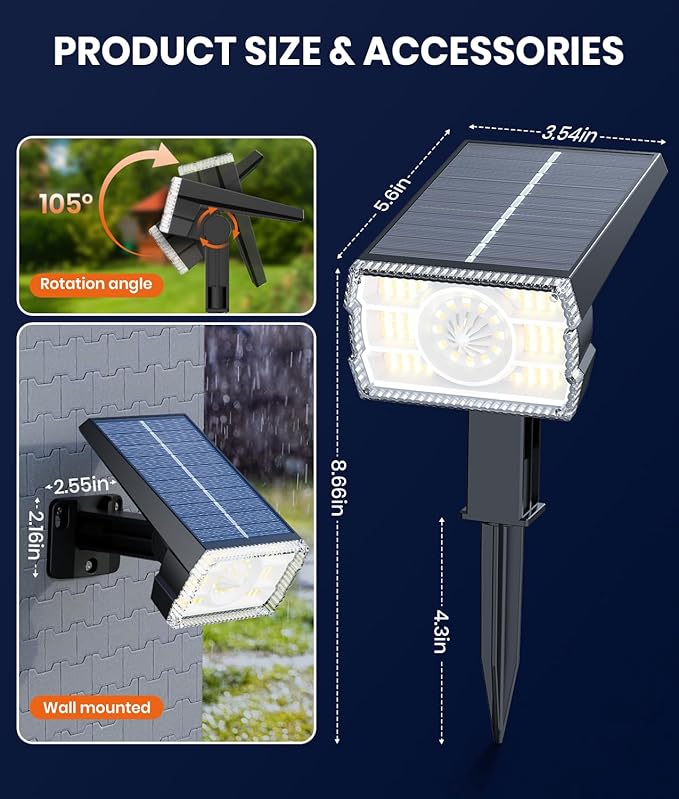 8-Pack Solar Spot Lights Outdoor Waterproof IP67, 3 Color Modes (Warm/Cool White/Hybrid) & 3 Lighting Modes, 105° Adjustable Uplights Dusk to Dawn Spotlights for Pathway/Garden/Yard/Wall Lighting