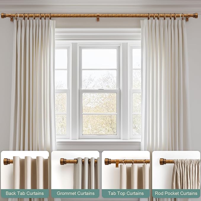 2 Pack Retro Gold Curtain Rods Set for Windows 48 to 84 Inches Adjustable Length Heavy Duty 1" Diameter Window Curtain Rod with Decorative Finials for Outdoor Bedroom Kitchen Living Room Farmhouse