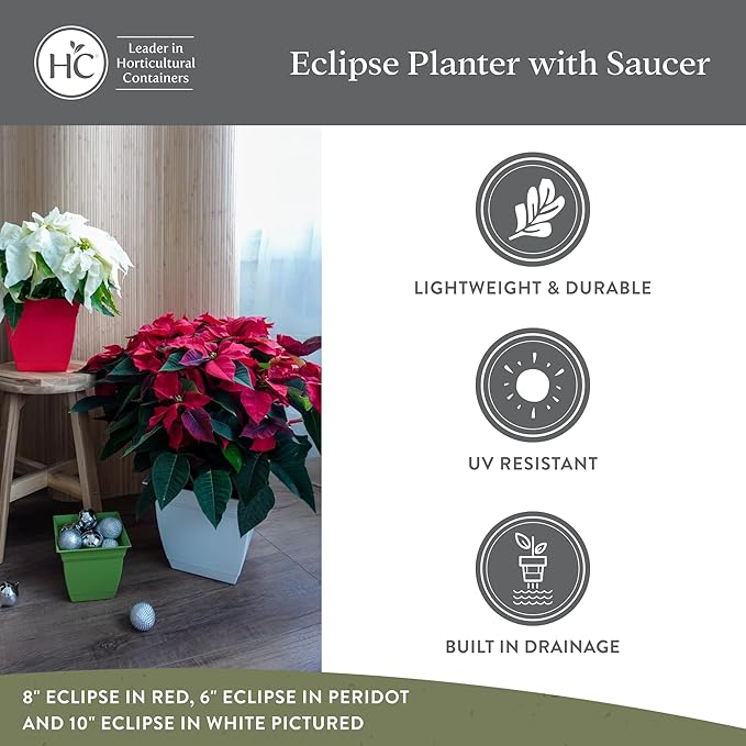 The HC Companies 10 Inch Eclipse Square Planter Pots with Drainage Holes & Attached Saucer, Lightweight UV-Resistant Plastic Indoor Outdoor Planters, 2-Pack Flower Pots for Garden & Home Decor, White