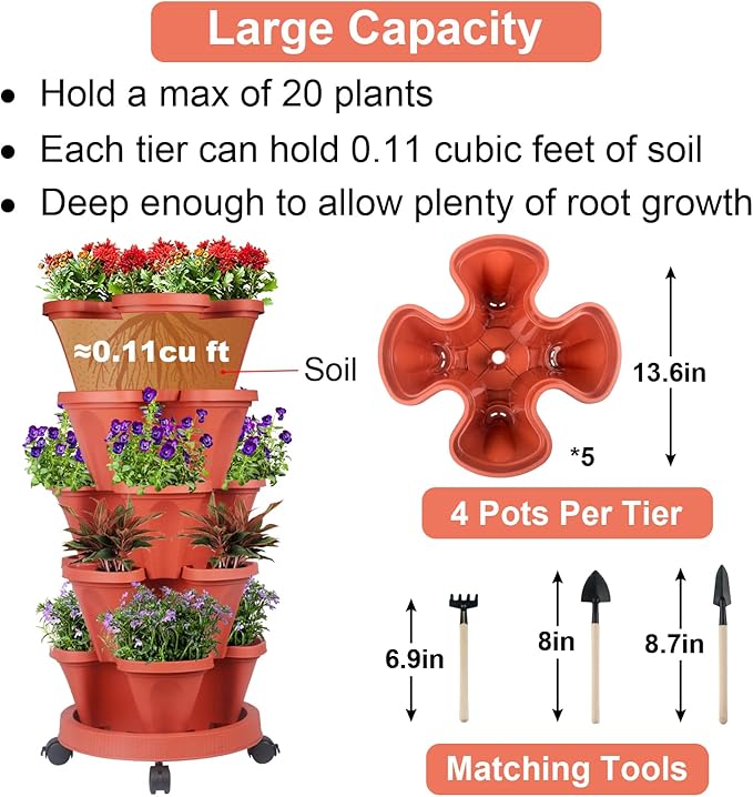 GameXcel Vertical Planter 5 Tier Stackable Planters Garden Planters Strawberry Herb Flower and Vegetable Planter Indoor Outdoor Gardening Pots with Removable Wheels and Tools