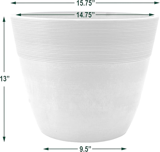 PSW Pot Collection FM40TP 16-inch Plastic/Stone/Wood Composite Large Ribbed Planter – No Drainage Hole (Drillable), Indoor/Outer Garden Pot for Foliage, Trees, Flowers, Ferns, Taupe