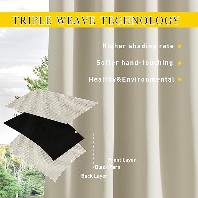 NICETOWN 2 Panels Outdoor Curtains for Patio Waterproof & Windproof, Grommet & Back Tab on Top & Bottom Weighted Drapes Keep Sun/Rain Out with Bouns Rope for Deck, Beige, W84 x L108