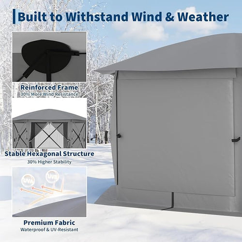 13x13FT 6-Sided Pop Up Gazebo Tent，One-Push Setup Canopy Tent with Removable Canopy Top & Wind Cloths, Outdoor shelter for Camping, Backyard Parties, Outdoor Events - Grey