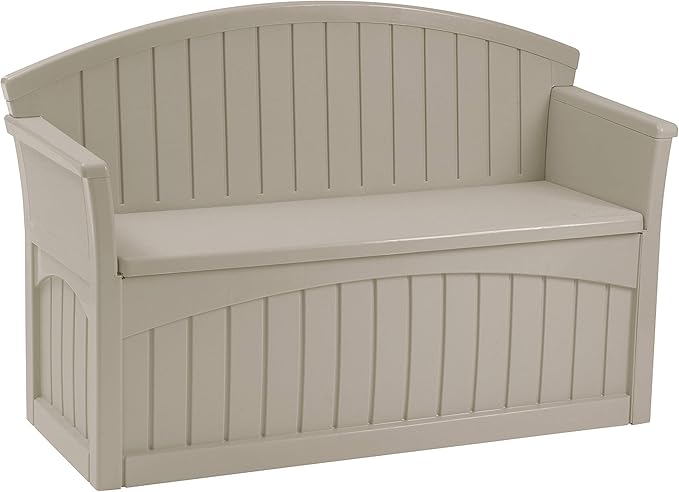 Suncast Outdoor Storage Bench - 50 Gallon Taupe Resin Outdoor Bench with Storage for Cushions, Tools & More. All-Weather Patio Deck Box with Seat for Porch, Pool, Yard, & Garden, Made in USA