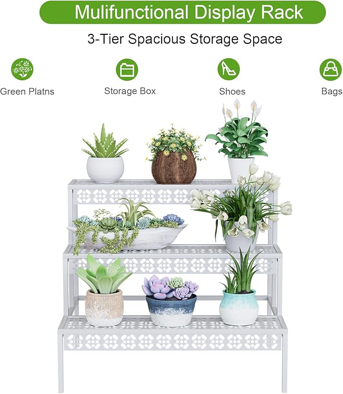 Garden 4 you 3 Tiers Metal Plant Stand,Rectangular Ladder Flower Pots Outdoor Plant Rack, Indoor Plant Display Rack, Heavy Duty Utility Storage Organizer for Home Garden Patio Balcony, Stair Style(White)