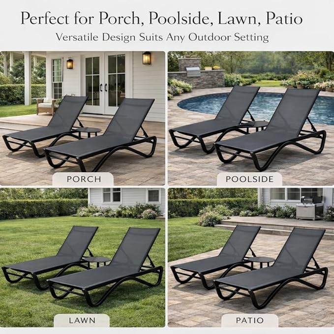 Kozyard Outdoor Chaise Lounge Chair, Full Flat Adjustable Patio Lounger with Aluminum Frame & Resin Legs, Textilene Fabric for Poolside, Backyard & Beach (Gray, 2Chairs)