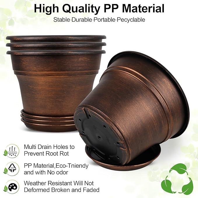Plant Planters Pots Set of 4 Pack 8 Inch, Plastic Flower Pot For Indoor Plants With Drainage Holes & Trays, Resin Decorative Container Sets With Saucer For House Outdoor Garden Planters Copper