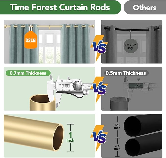 Time Forest Gold Curtain Rods for Windows 32 to 120 Inch (2.6-10 Feet), 1 Inch Diameter Adjustable Heavy Duty Extra Long Curtain Rod, Modern Style Indoor Outdoor Window Drapery Rods with End Caps