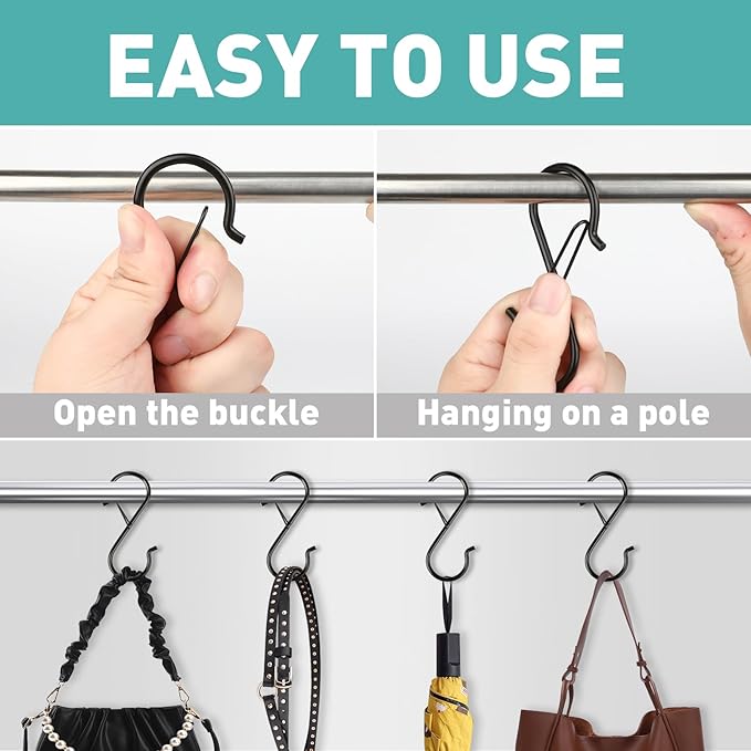 100 Pcs S Hooks for Hanging Heavy Duty, 3.5-inch Heavy Duty Metal S Hook with Safety Buckle, Suitable for 0.5 inch Rods, S Hook for Hanging Plants, Closet, Kitchen Utensil, Pot, Pan, Bags