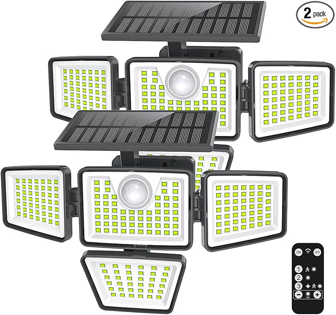 3000LM Solar Lights Outdoor with Motion Sensor,4 Head 270° Wide Angle Street Area Lights,IP65 Waterproof Security Lighting with 3 Modes(Remote,2 Pcs)