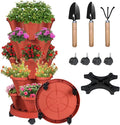 Vertical Strawberry Planter-5 Tier Stackable Herb Tower Planters Stacking Garden Planters Pot Outdoor with Tools Removable Wheels for Growing Flowers, Vegetables and Succulents