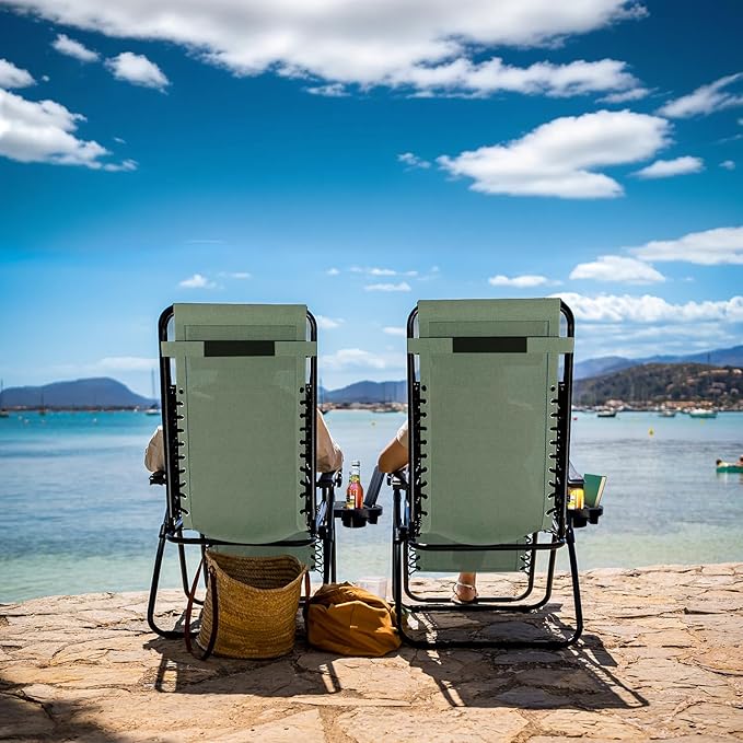 Nestl Zero Gravity Chairs Set of 2, Patio Lounge Chair Outdoor with Pillows & Cup Holder Trays - Sage Green