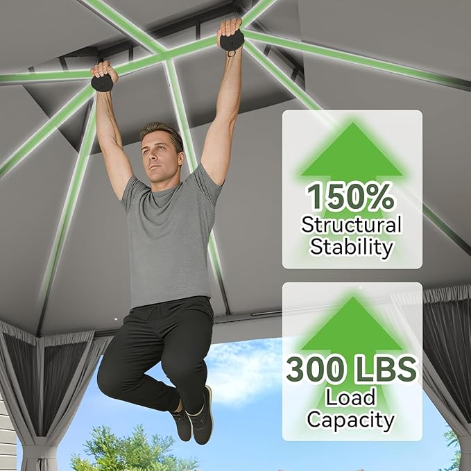 Aoxun 10x10 Outdoor Gazebo with 50FT LED Hanging Lights Metal Frame Canopy with Double Roofs Heavy Duty Party Tent and Shelter with Mosquito Netting and Privacy Screen for Backyard, Lawn, Garden(Gray)