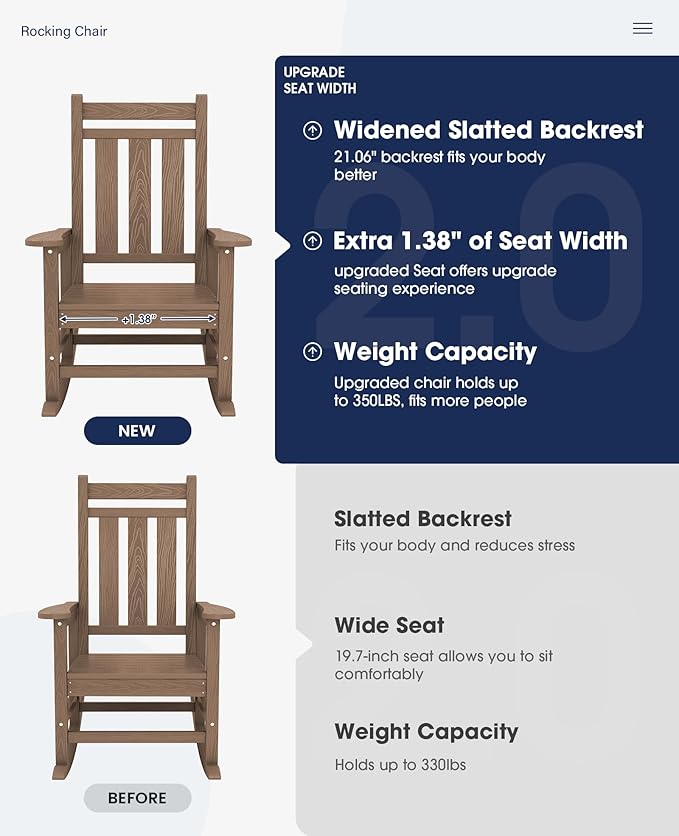 KINGYES Oversized Outdoor Rocking Chair Set of 4, All-Weather Patio Rocking Chairs for Porch, HDPE Outdoor Patio Rockers with High Back & Wide Seat for Garden, Lawn, Brown