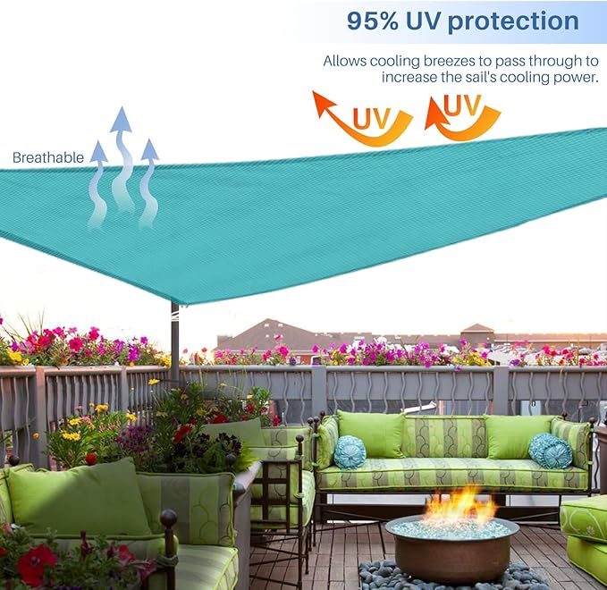 E&K Sunrise 7' x 7' x 7' Sun Shade Sail Triangle Canopy Shade Cover UV Block for Patio Backyard Garden Outdoor (Turquoise)