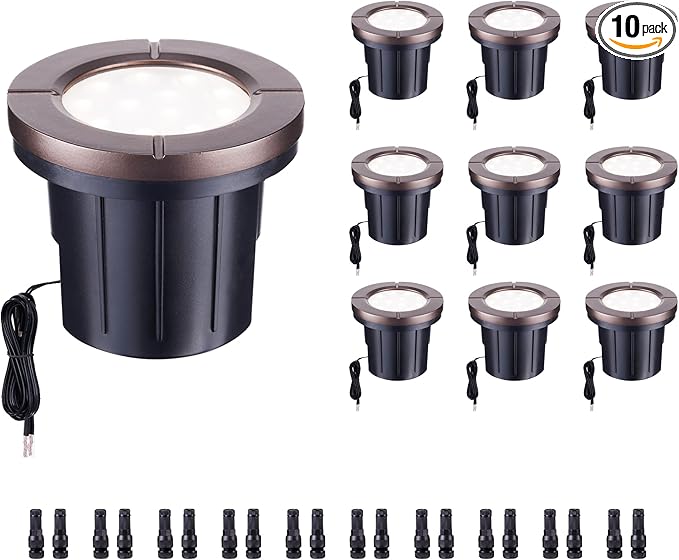 Low Voltage Well Lights LED, Bright 12V Landscape Lights Outdoor IP67 Waterproof, 4" Wired in-Grade Uplights Aluminum ORB for Path Yard 6W 580LM 10 Pack