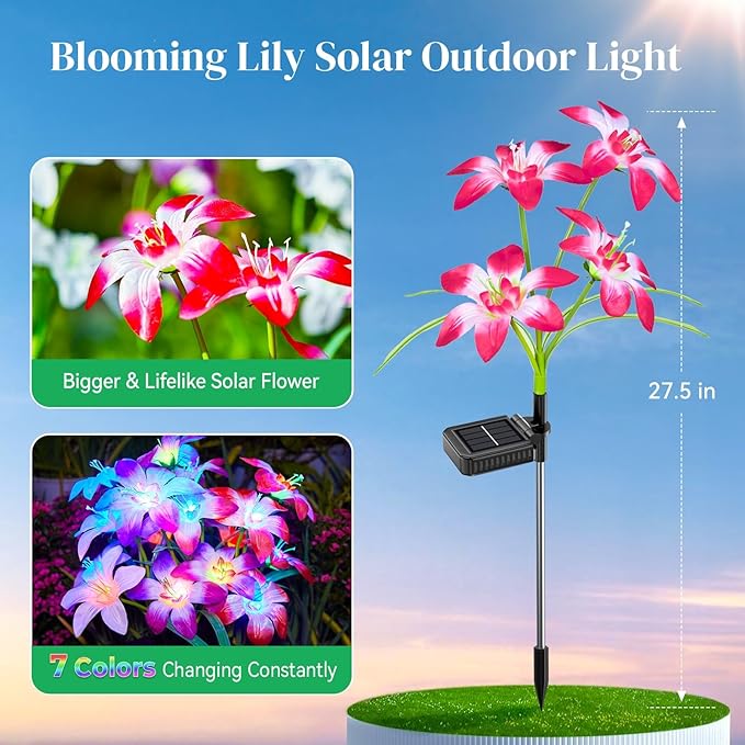 Solar Garden Lights Outdoor, 6 Pack Blooming Lily Solar Flowers Outdoor Waterproof, 7 Color Changing Bigger Flower Lights for Yard Patio Outside Decorative Mom Gift