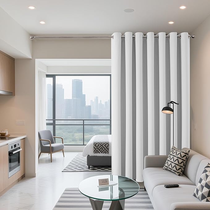 Joydeco Blackout Patio Sliding Door Curtains 72 Inches Long, Grommet Privacy Room Divider Curtains, Extra Wide Thermal Blackout Drapes for Bedroom Living Room (Greyish White, 60Wx72L, 1 Panel)