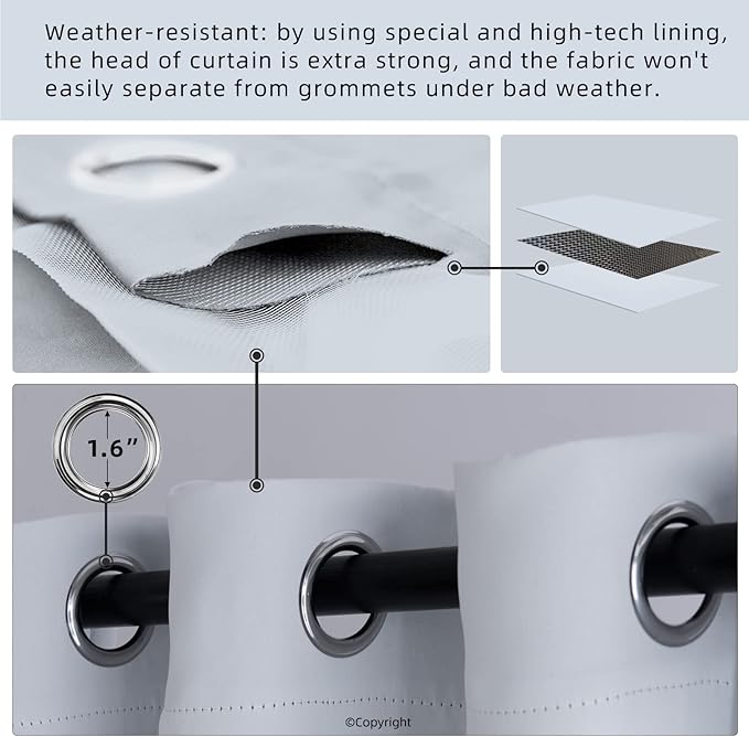 Water Proof Outside Curtains with Grommet Top for Porch, W105 x L95 Thermal Insulated Washable Light Block Outdoor Divider Drapes for Patio Gazebo Deck Pool Area Pergola Cabana (2 Panels)