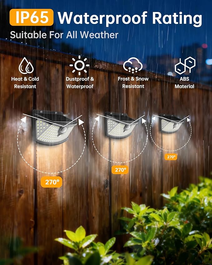 Aootek New Solar Motion Sensor Lights 120 LEDs with Lights Reflector,270° Wide Angle, IP65 Waterproof, Step Lights for Front Door, Yard, Garage, Deck (Black, Daylight White, 2-Pack)
