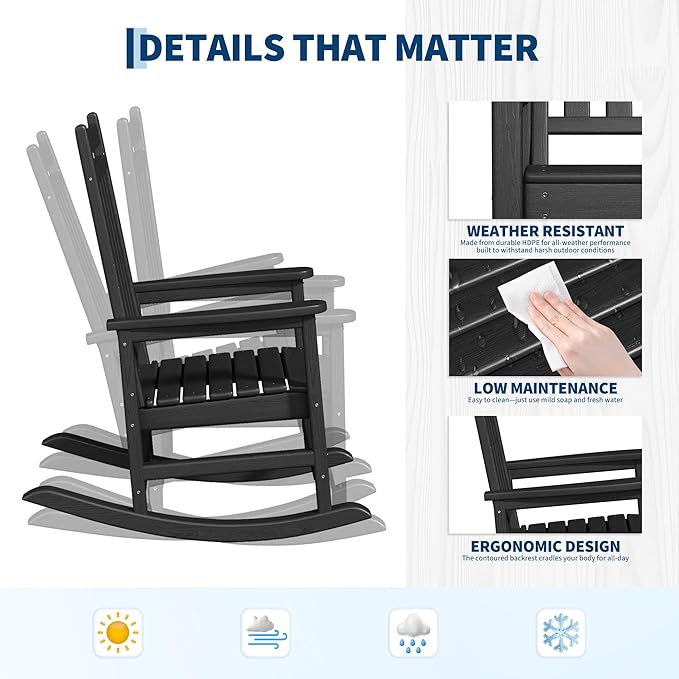 Poly Lumber Rocking Chair Outdoor Set of 2 with Side Table - HDPE High Back Porch Rocker Chairs for Adults - All Weather Resistant Furniture for Patio - Black