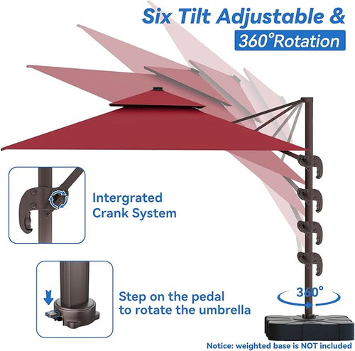 10x13FT Cantilever Outdoor Patio Umbrellas，Double Top Large Rectangle Umbrella Heavy Duty 360°Rotation Offset Outdoor Sun Shade Umbrella for Garden Deck Pool Backyard Patio, Red