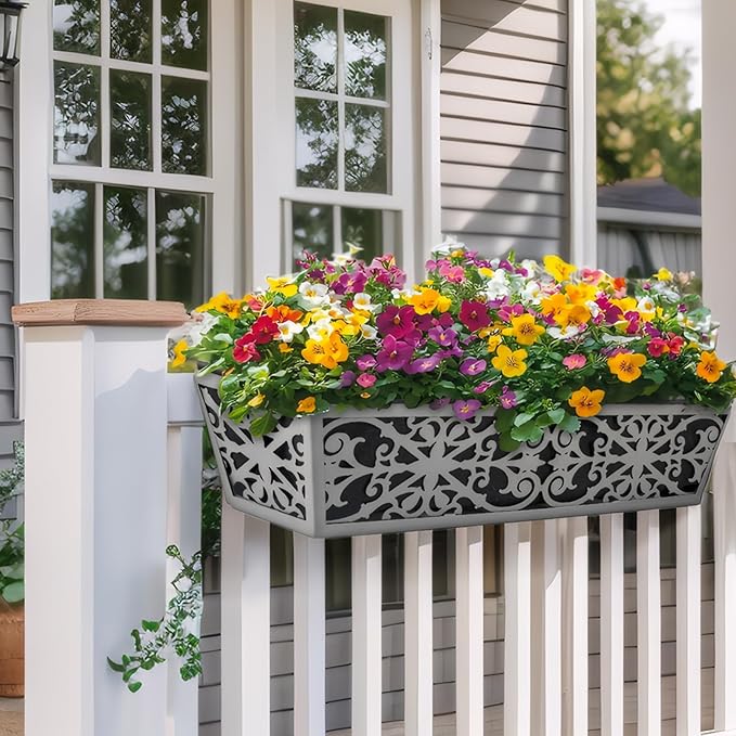 4 Pack 24 Inch Window Boxes Planter for Outdoor Plants Deck Railing Planters Box with Adjustable Brackets for Porch Fence Balcony Hanging Flower Baskets with Non-Woven Fabric Liner for Garden Decor