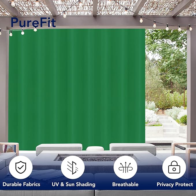 PureFit Outdoor Curtains for Patio Waterproof Weatherproof, UV Resistant Outside Curtains for Gazebo, Front Porch, Pergola, Sun Blocking Privacy Curtain, 150W x 95L inch, 1 Panel, Green