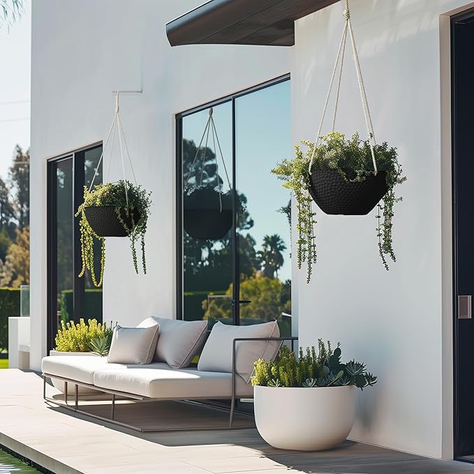 LA JOLIE MUSE Hanging Planters for Outdoor Plants, Large Hanging Planter with Drain Holes, Outdoor Hanging Flower Pots, Matte Black, Honeycomb (13.2 Inch, Set of 2)