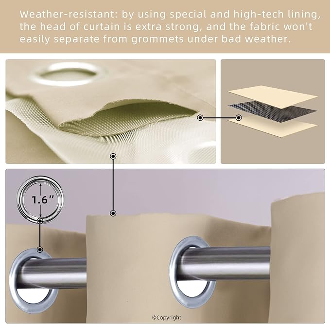 Waterproof Outdoor Curtain W52 x L63 - Grommet Top Sunlight Blocking Window Treatment Drapes Blackout Curtains for Home Bedroom Living Room Patio Porch Pergola Gazebo (Beige, 2 Panels)