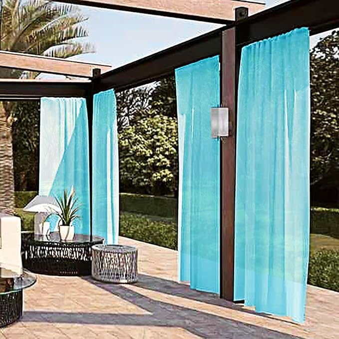 SpaceDresser Waterproof Outdoor Sheer Curtains for Patio - 2 Panels Rod Pocket Indoor Voile Sheer Curtain for Living Room,100W x 108L inch, Aqua