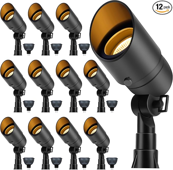 Gardencoin Low Voltage Landscape Spotlight, 12V LED Outdoor Landscape Lighting, Landscape Spot Lights Wired for Garden and Yard, Aluminum Up Lighting Fixture with 5W MR16 Replaceable Bulb (12 Pack)