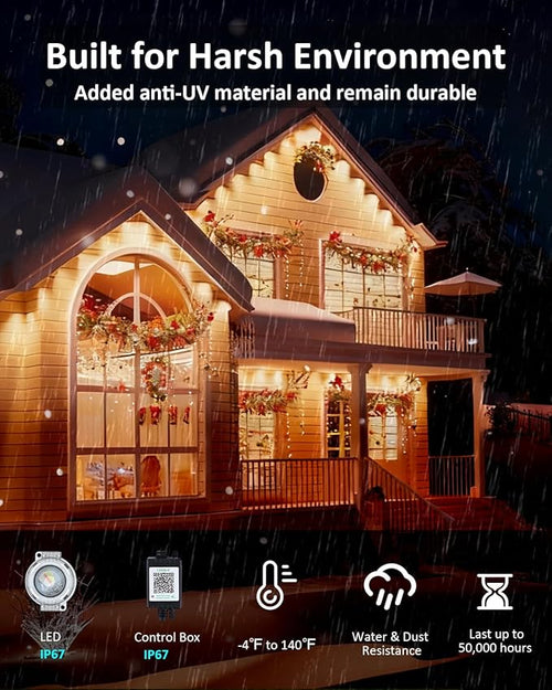 100FT Permanent Outdoor Lights, RGB LED Eaves Lights with IP67 Waterproof, Smart App Remote Control, Music Sync, for Christmas, Holiday Decorations