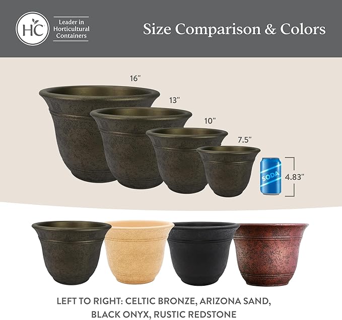 The HC Companies Sierra Round Self-Watering Pot - Lightweight Plastic Planter for Herbs & More - Durable Plant Pots for Indoor Plants & Outdoor Plants (13” Celtic Bronze, Pack of 1)