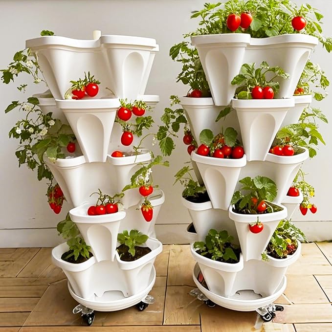 7 Tiered Strawberry Planters 2 Pack, Vertical Stackable Planter, Herb Stacking Tower Garden, Flower and Vegetable Planters with Support Pole Indoor & Outdoor with Removable Wheels - White