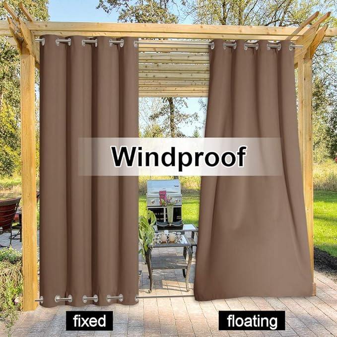 NICETOWN Weighted Patio Waterproof Outdoor Curtain, Thermal Insulated Stainless Steel Grommets (Top and Bottom) Windproof Outdoor Drape Keep Privacy for Pergola, 1 Panel, W52 by L84, Tan