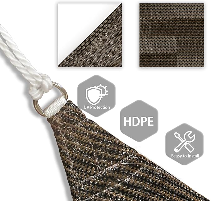 Patio Paradise 15' x 15' x 14'10" Sun Shade Sail Triangle Canopy, Permeable Shade Cloth Fabric Sunlight Block Patio Cover HDPE Deck Awning for Outdoor Backyard Pergolas Roof Shading, Brown