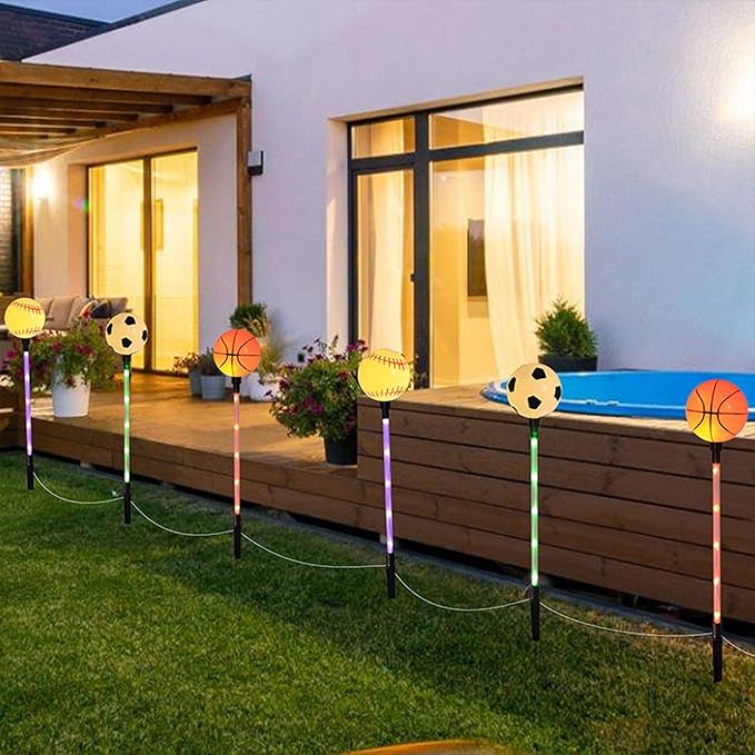Battery Powered Garden Sports Ball Theme Party Stake Lights Soccer Basketball Football Baseball Mixed LED Landscape Path Lights Indoor/Outdoor Christmas Festival Home Patio Decoration Lamps