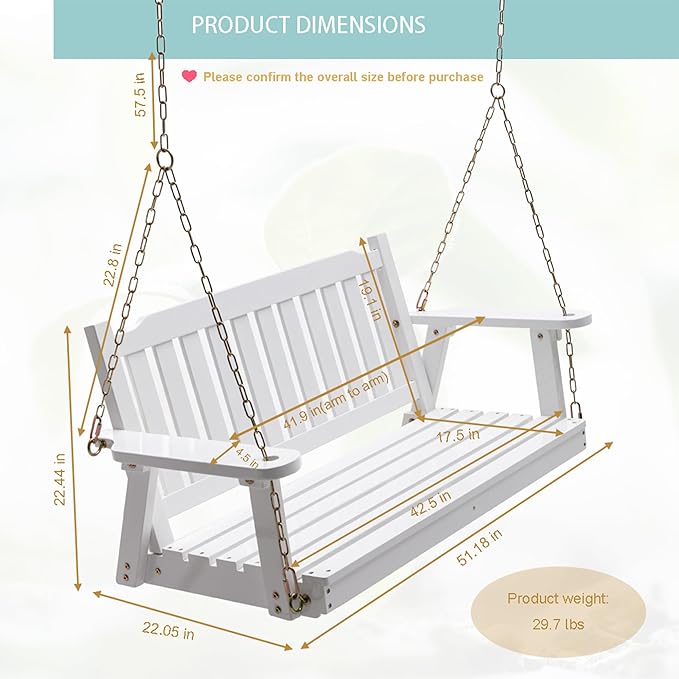 Anraja Wooden Porch Swing 2-Seater, Bench Swing with Hanging Chains, Heavy Duty 800 LBS, for Outdoor Patio Garden Yard, 4 Ft, White