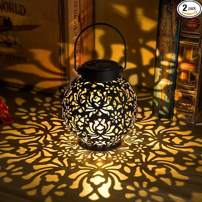 EXCMARK 2 Pack Outdoor Solar Hanging Lantern Lights Metal LED Decorative Lamp for Garden Patio Courtyard Lawn and Table with Hollowed-Out Design (Black)