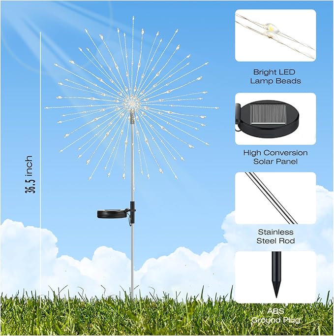 Garden Decor Solar Lights Outdoor,155LED 8 lighting modes pole light Waterproof White Solar Garden Lights for Christmas, Halloween Decoration,Yard, Patio, Porch,Flower Pot,Pathway (2Pack)