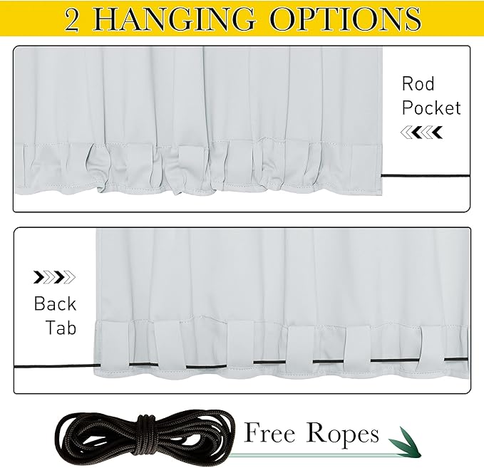 NICETOWN 2 Panels Windproof Outdoor Curtains for Patio Waterproof, Extra Wide Grommet & Back Tab on Top & Bottom Thermal Insulated Sun Blocking Drapes with Rope for Deck, Greyish White, W100 x L95