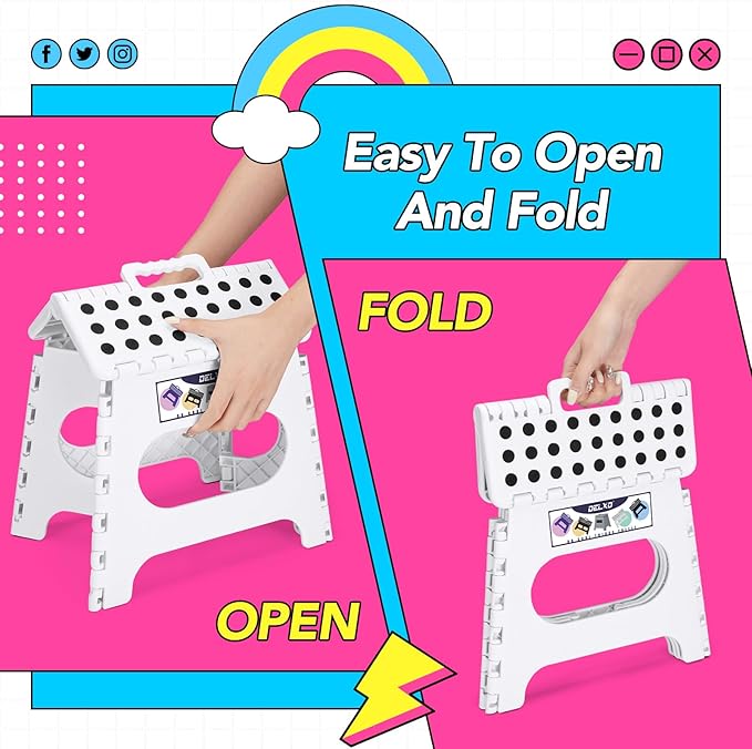 Delxo Folding Step Stool,11 Inch Non-Slip Foldable Step Stools for Kids and Adults,Portable Foldable Step Stool Lightweight Small Folding Stool with Handle for Kitchen Bathroom in White,1 Pack