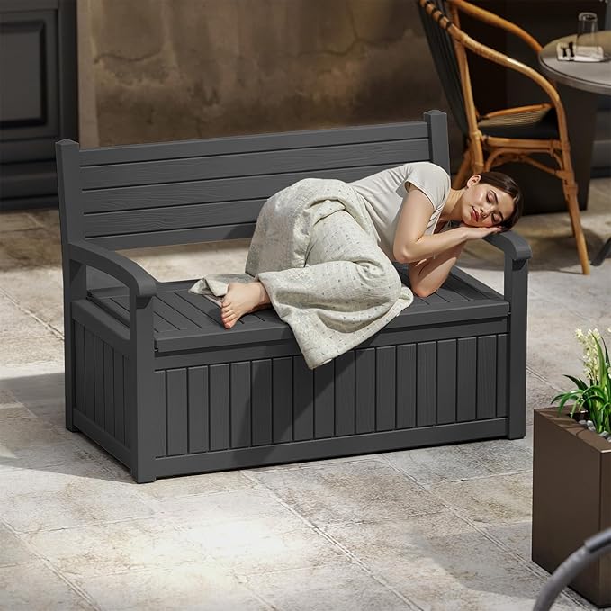 EasyUp 80 Gallon Wood Grain Style Outdoor Storage Bench, Waterproof and Lockable Deck Box Outdoor Storage Furniture for Patio,Garden,and Porch – Perfect for Storing Garden Tools and Cushions(Black)