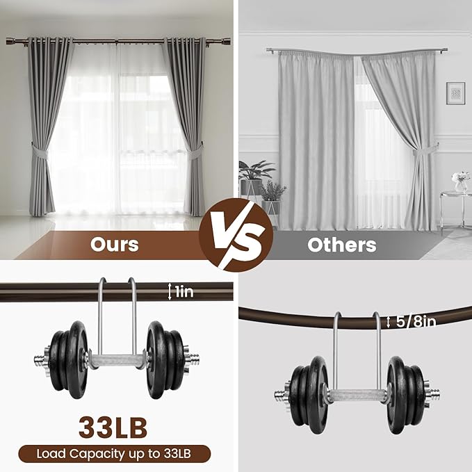 2 PACK 1” Diameter brown curtain rod Itself is 30 to 144 inch. 1 Pack Fits 30-142 inch, 66 to 120 inch Windows with Heavy Duty Adjustable brown curtain rods Splicing Metal Extra Long Curtain Rod