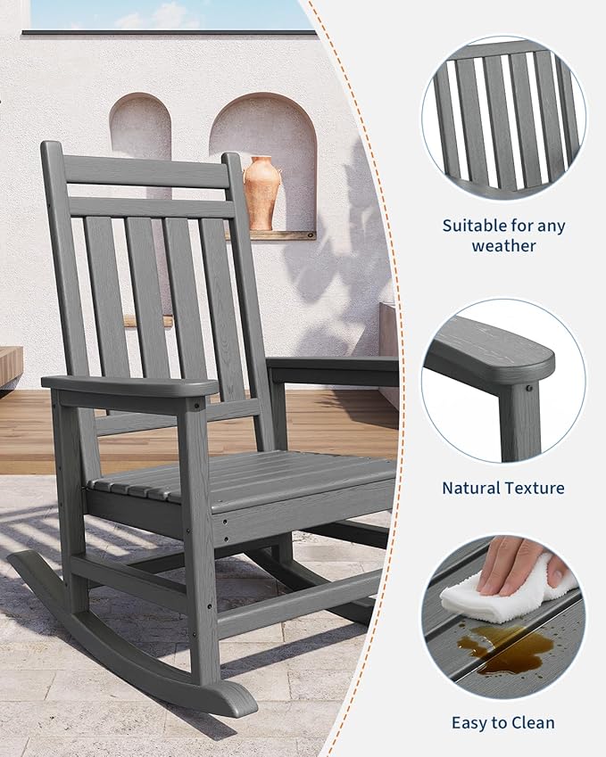 Poly Lumber Rocking Chair Outdoor Set of 6- HDPE High Back Porch Rocker Chairs for Adults - All Weather Resistant Furniture for Patio - Gray