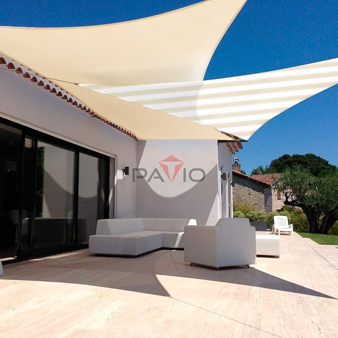 Patio Paradise 28' x 28' x 28' Sun Shade Sail Triangle Canopy Shade Cloth Fabric Sunlight Block Patio Pergola Cover HDPE Deck Awning for Outdoor Backyard Roof Shading, Beige White Strip