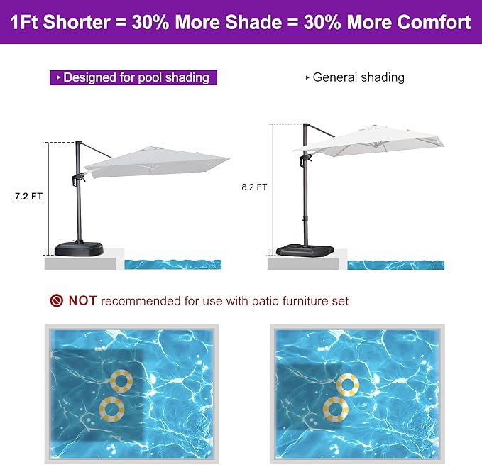 PURPLE LEAF 8' X 8' Patio Umbrella with Wheeled Base for Pool 7' High Offset Outdoor Cantilever Umbrella Swimming Pool Umbrella with 360°Rotation for Poolside Grey