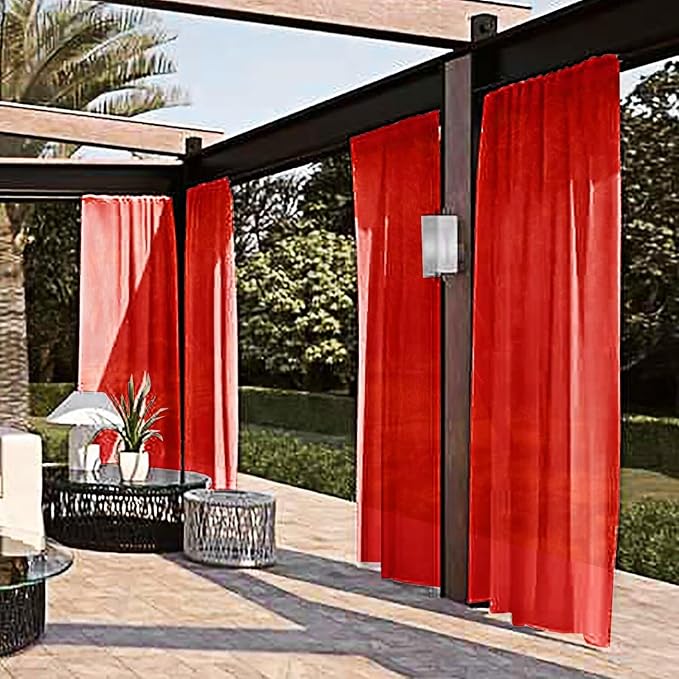 SpaceDresser Waterproof Outdoor Sheer Curtains for Patio - 2 Panels Rod Pocket Indoor Voile Sheer Curtain for Living Room,52W x 108L inch, Red