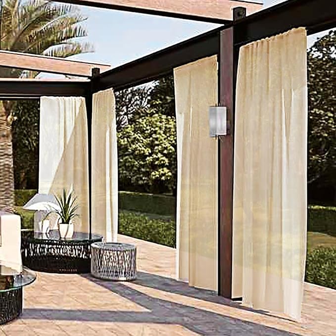 SpaceDresser Waterproof Outdoor Sheer Curtains for Patio - 4 Panels Rod Pocket Indoor Voile Sheer Curtain for Living Room,52W x 120L inch,Beige